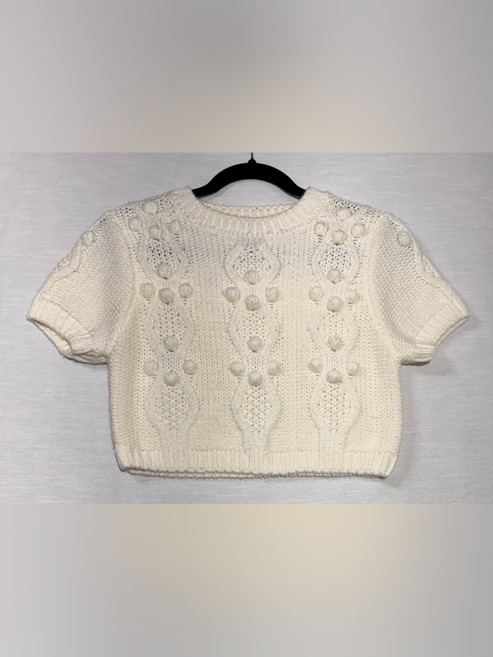 Sincerely Ours Cream Pom-Pom Cable Knit Short-Sleeve Crop Sweater Sz XS